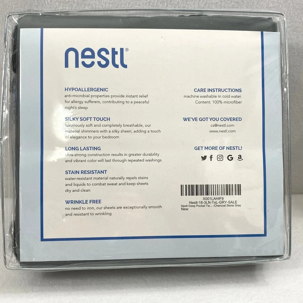 Nestl Bed Sheet Set Twin XL Charcoal Stone‎ Gray 3 Piece Microfiber Soft College